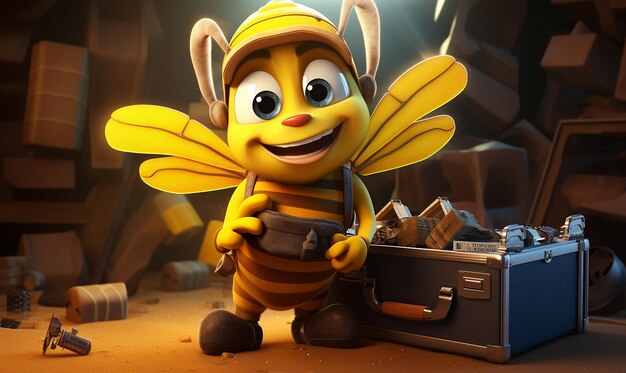 a yellow bee with a camera and a bag of honey