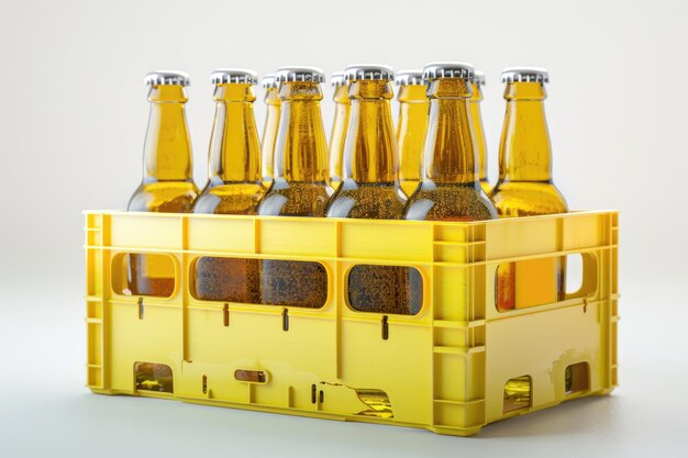 Photo yellow beer crate with bottles on white contains clipping path