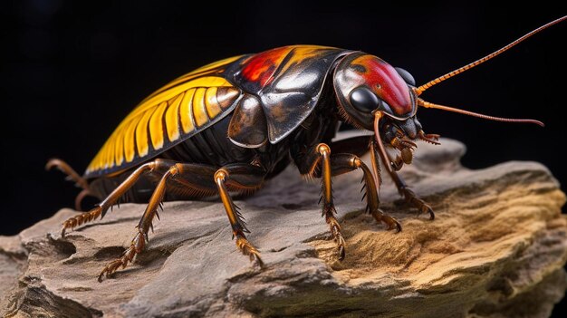 a yellow beetle with red and black markings is on a rock