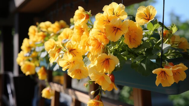 バルコニーに生える黄色のベゴニアの花