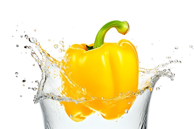 Yellow bell pepper splashing into the water against white background