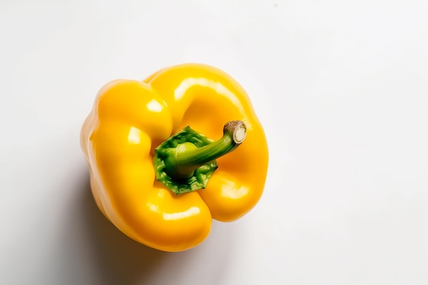 A yellow bell pepper with a green stem is on a white background.