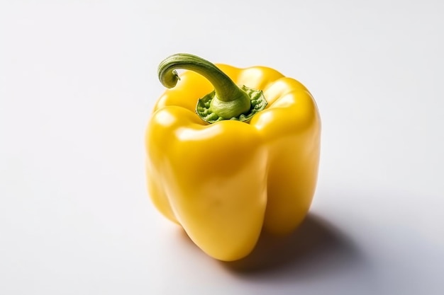 A yellow bell pepper with a green stem sits on a white surface.