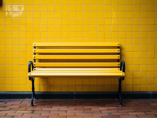 A yellow bench sitting in front of a wall