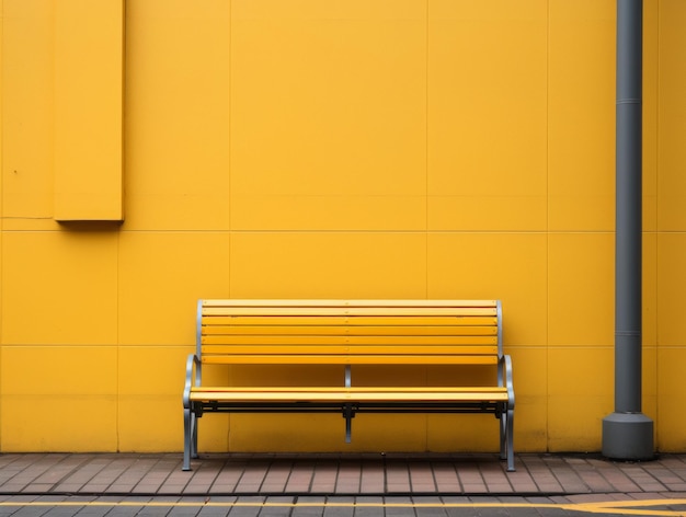 A yellow bench sitting in front of a wall
