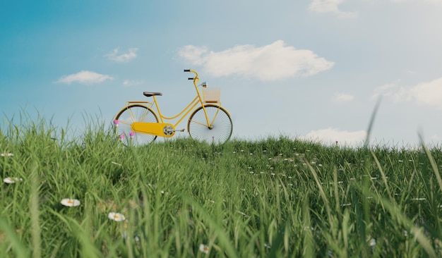 Yellow bicycle at field grass hill safe earth and environment protection concept