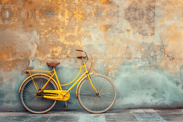 a yellow bicycle leaning against a wall