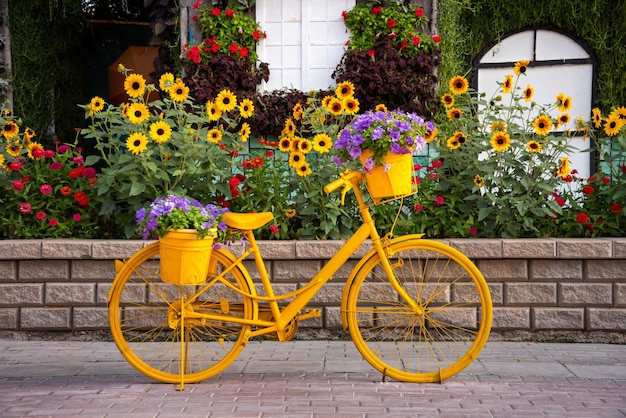 庭に花が咲く黄色い自転車