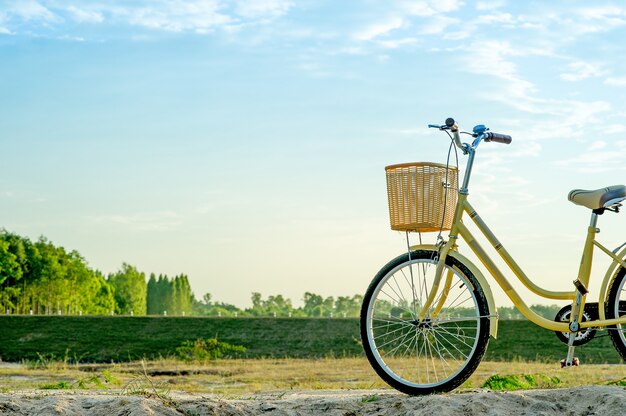 黄色の自転車と夕日冬の夕方キーのコピースペース