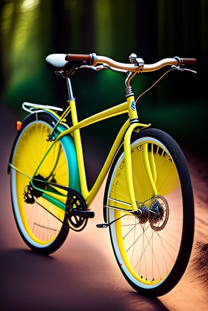 A yellow bike with a blue front wheel and the word bike on it.