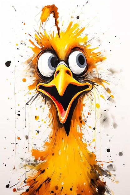 yellow bird big eyes beak crazy expression used bright dripping dry oil paint ostrich feathers