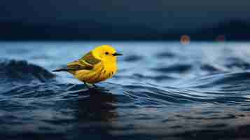 Photo yellow bird in a black sea hushed tones stark clarity