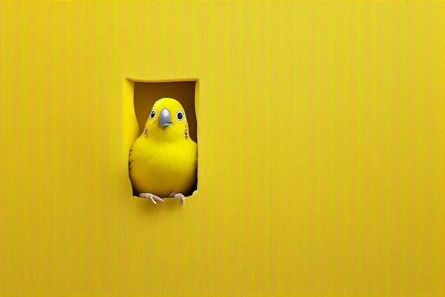 Photo a yellow bird is looking out of a hole in a yellow wall.