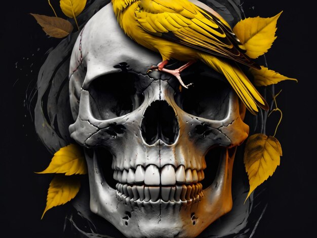 Foto un uccello giallo è su un cranio con un uccello sulla testa