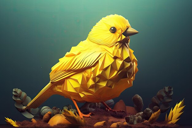 Yellow bird perched on a rocky terrain generative ai