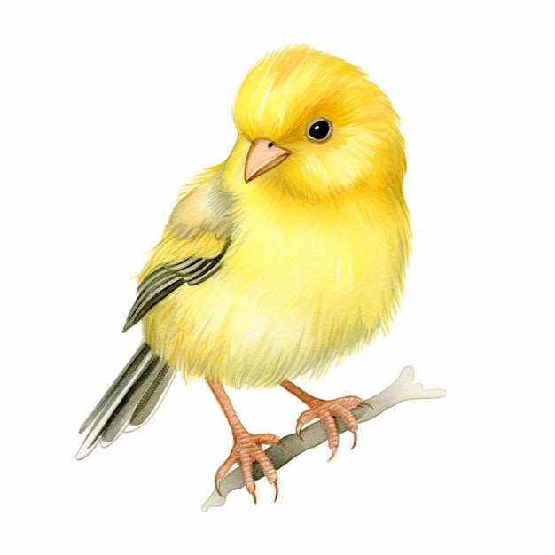 yellow bird sitting on a branch with a white background generative ai