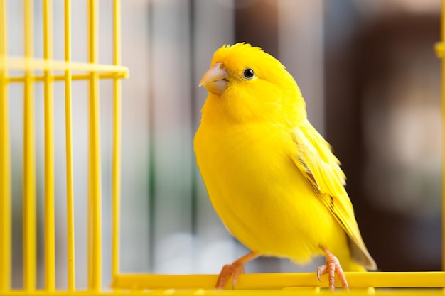 a yellow bird sitting in a yellow cage