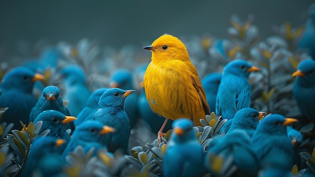 Foto un uccello giallo che spicca tra gli uccelli blu