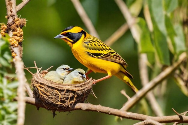 a yellow bird with a baby bird in its nest