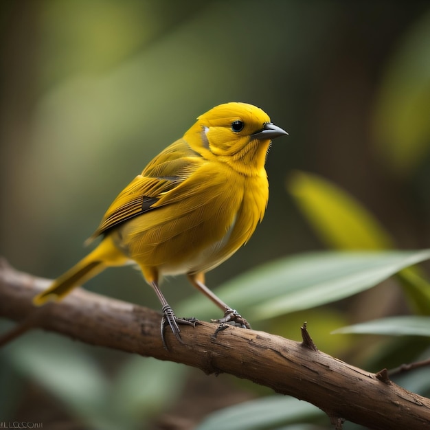 A yellow bird with a black beak is sitting on a branch.