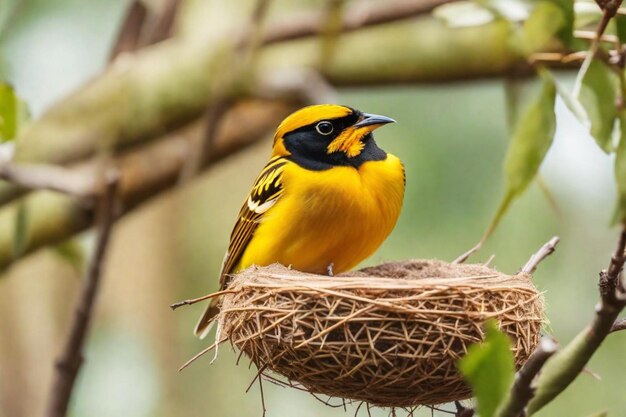 a yellow bird with a black beak sits in a nest