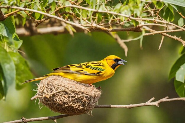 Photo a yellow bird with a black beak sits in a nest