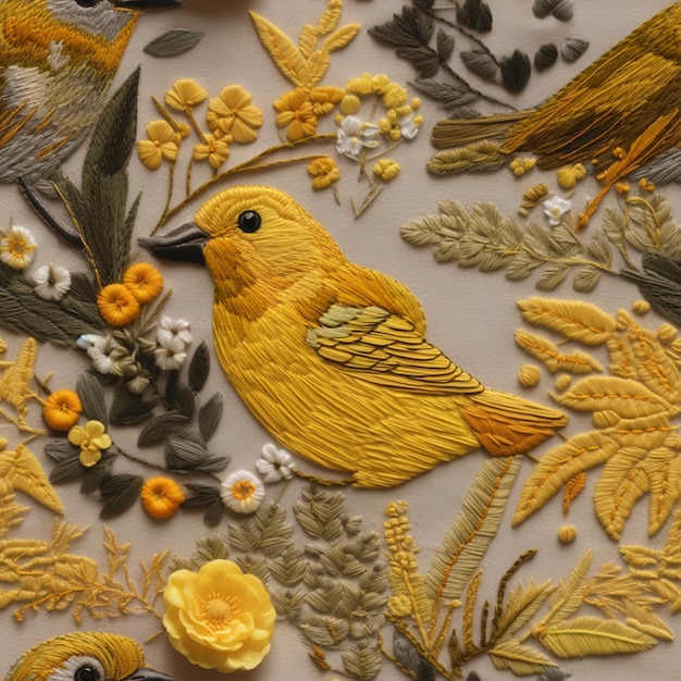 yellow bird with black eyes and yellow flowers on a beige background generative ai