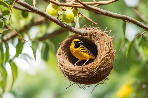 Photo a yellow bird with a black head and yellow body is sitting in a nest.