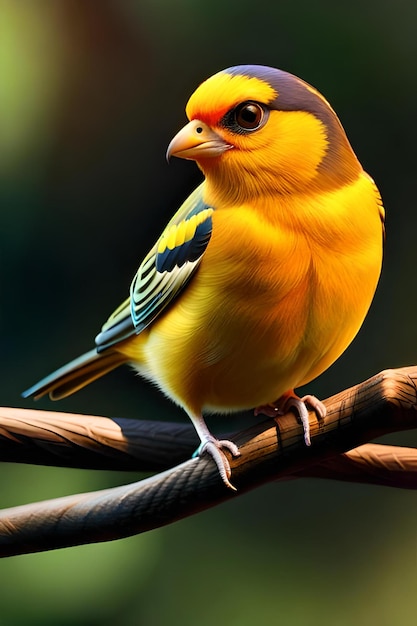 A yellow bird with a black and yellow head and red on the upper left wing.