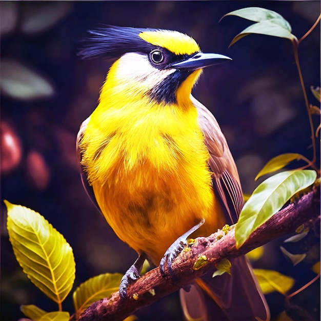 青い喙を持つ黄色い鳥が枝の上に座っている