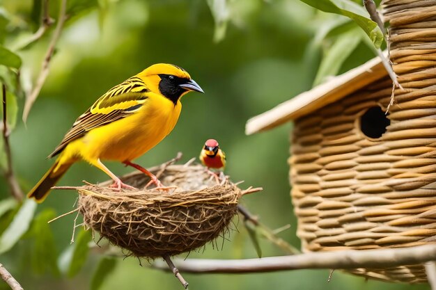 A yellow bird with a red beak stands in a nest with a bird nest in the background