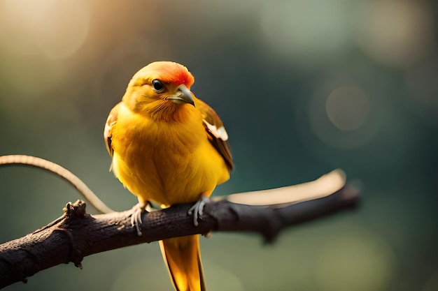 A yellow bird with a red head sits on a branch.