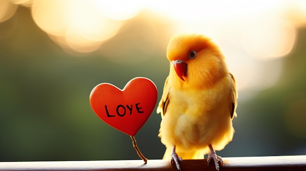 a yellow bird with a red heart on a railing