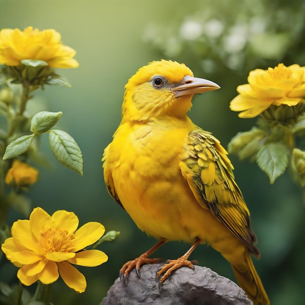 a yellow bird with a yellow beak sits on a rock