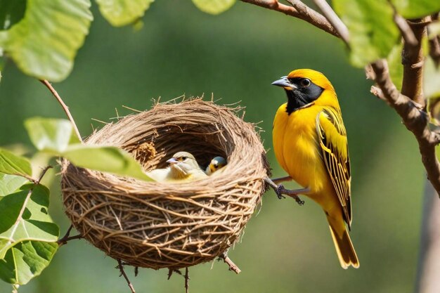 노란색 가을 가진 노란색 새가 두 마리의 새끼 새끼와 함께 둥지에 앉아 있습니다.
