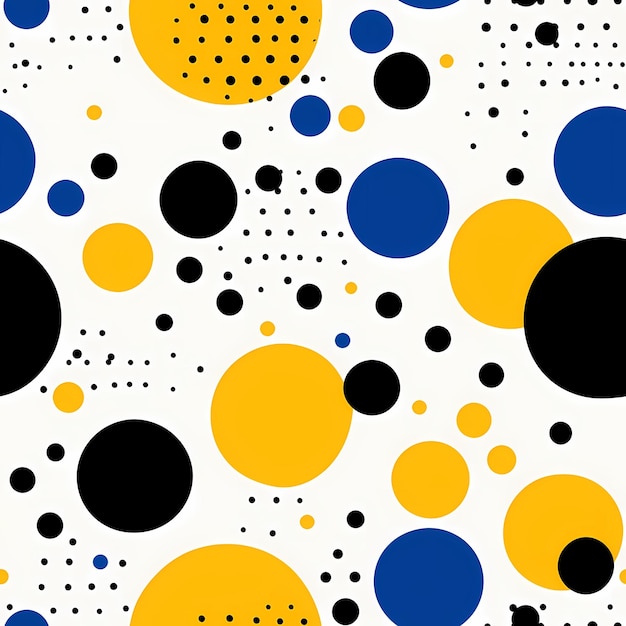 Желтый и черный фон с кругами и точками в желтом и синем цветах.
