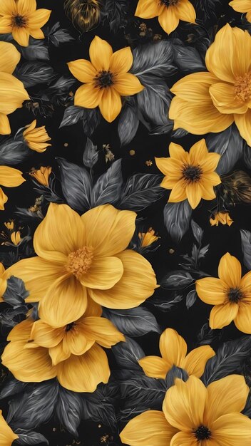 A yellow and black background with a pattern of flowers