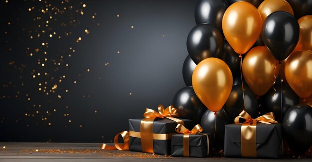 Yellow and black balloons with gift boxes on a black background Banner for Black Friday