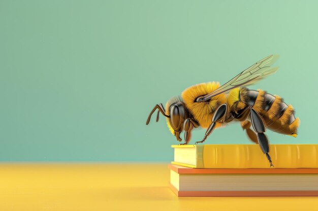 A yellow and black bee is standing on top of a stack of books