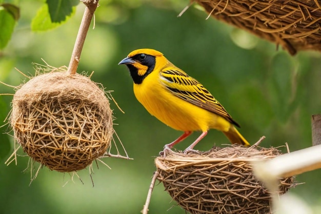 a yellow and black bird is sitting on a nest with straws