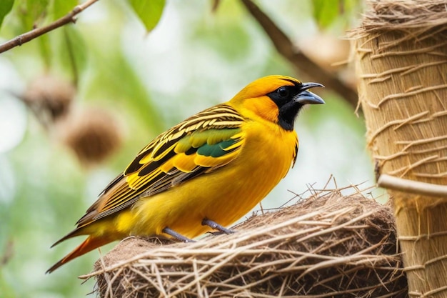 a yellow and black bird is sitting in a nest