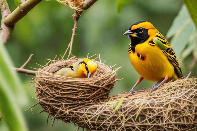 a yellow and black bird with a baby bird in its nest