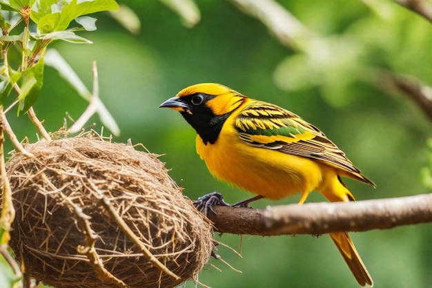 노란색과 검은색의 새와 검은색 수염과 수막에 이름의 인용구가 적혀 있습니다.