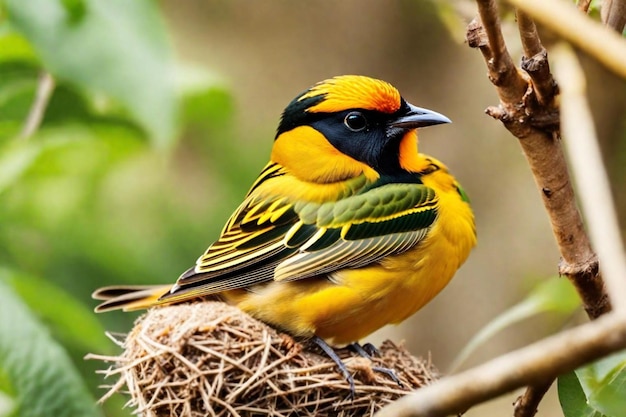 Photo a yellow and black bird with a black beak and a green background