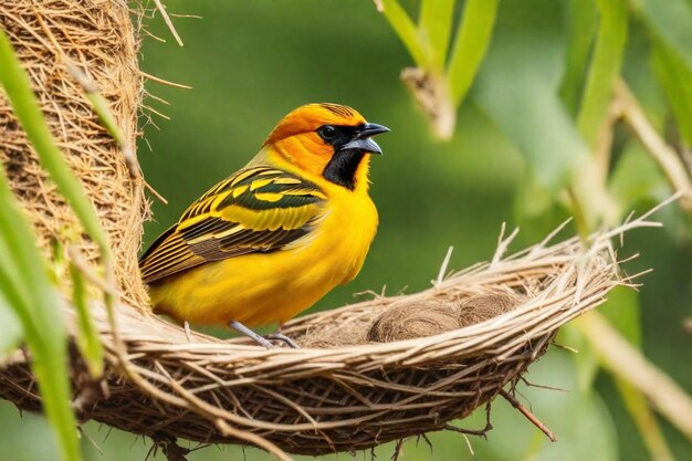 Photo a yellow and black bird with a black beak sits in a nest