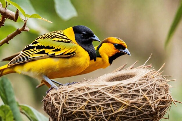 Photo a yellow and black bird with a black beak and yellow feathers on its head