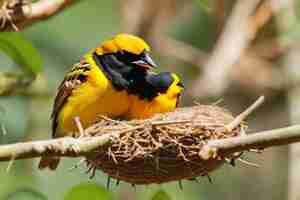 Photo a yellow and black bird with a black head and a black head that says  the name  on the side