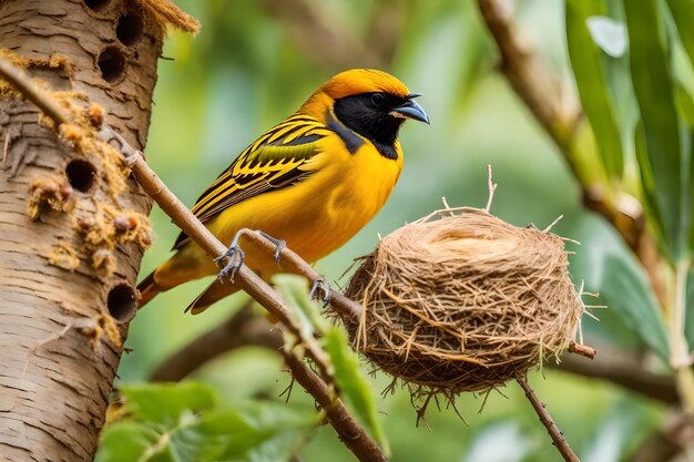 A yellow and black bird with a black head and a black head and yellow beak sits on top of a nest.