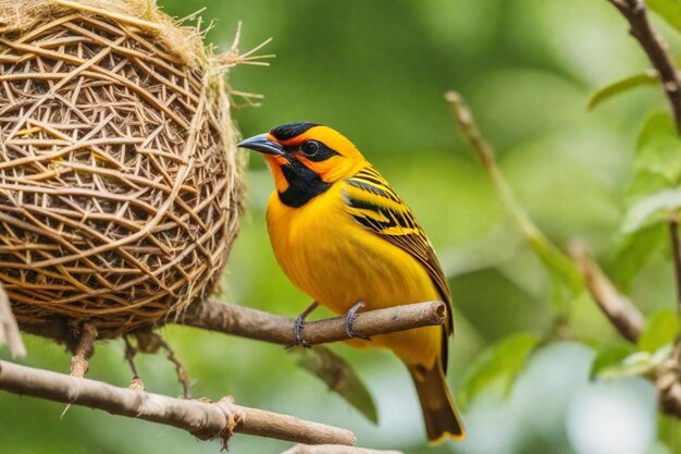 a yellow and black bird with a black head and a red head and a black beak