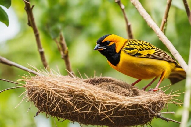 Photo a yellow and black bird with a black head and yellow beak sits on a nest